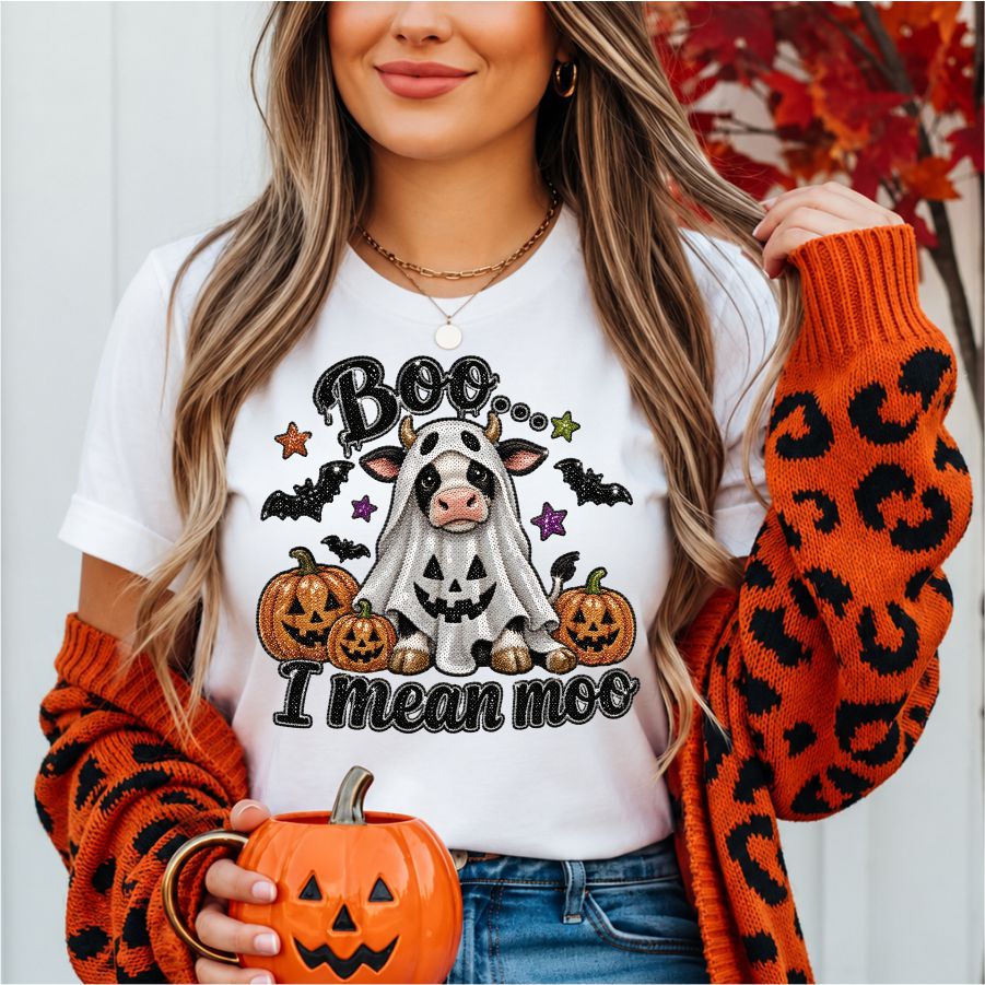 Faux Sequin Cow Boo I Mean Moo