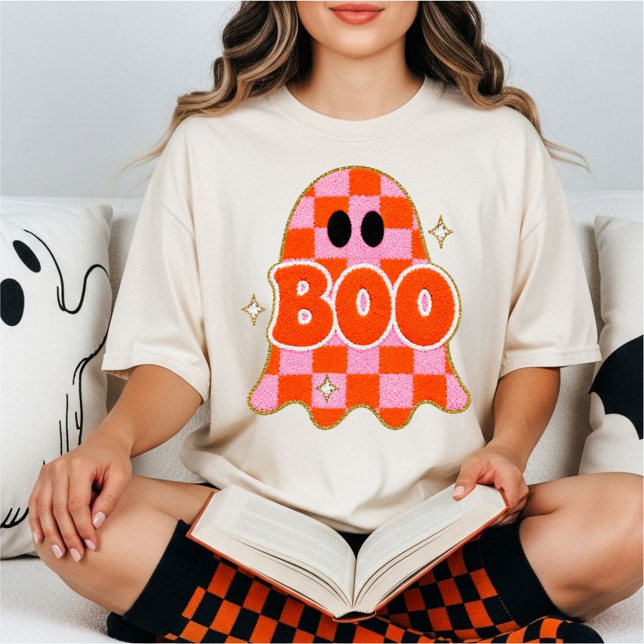 Yarn Look Pink & Orange Check Ghost