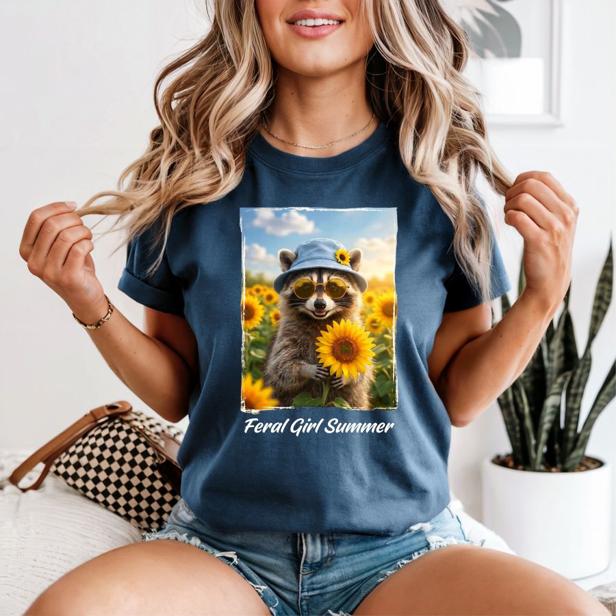 Feral Girl Summer Racoon w Sunflowers