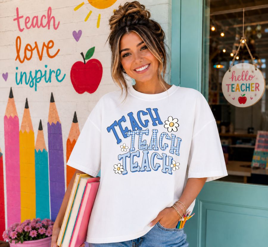 Teach Teach Teach Blue Gingham